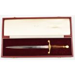 Wilkinson Sword presentation dagger with 27cm double edged blade and case. PLEASE NOTE ALL BLADED