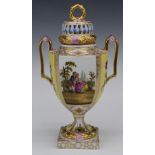 Dresden porcelain twin handled covered pedestal pot pourri decorated with Watteau scenes, H25cm