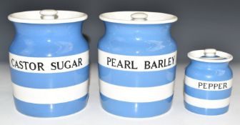 Three TG Green storage jars comprising Pearl Barley, Castor Sugar and Pepper, tallest 14.5cm