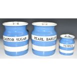 Three TG Green storage jars comprising Pearl Barley, Castor Sugar and Pepper, tallest 14.5cm