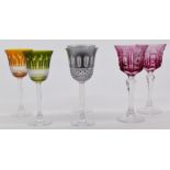 Three pairs of flash overlaid cut glass wine glasses, tallest 20.5cm