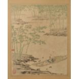 Foi Chong-Wu woodblock print 'Hermit of Bamboo Stream' with details verso, 34 x 27cm