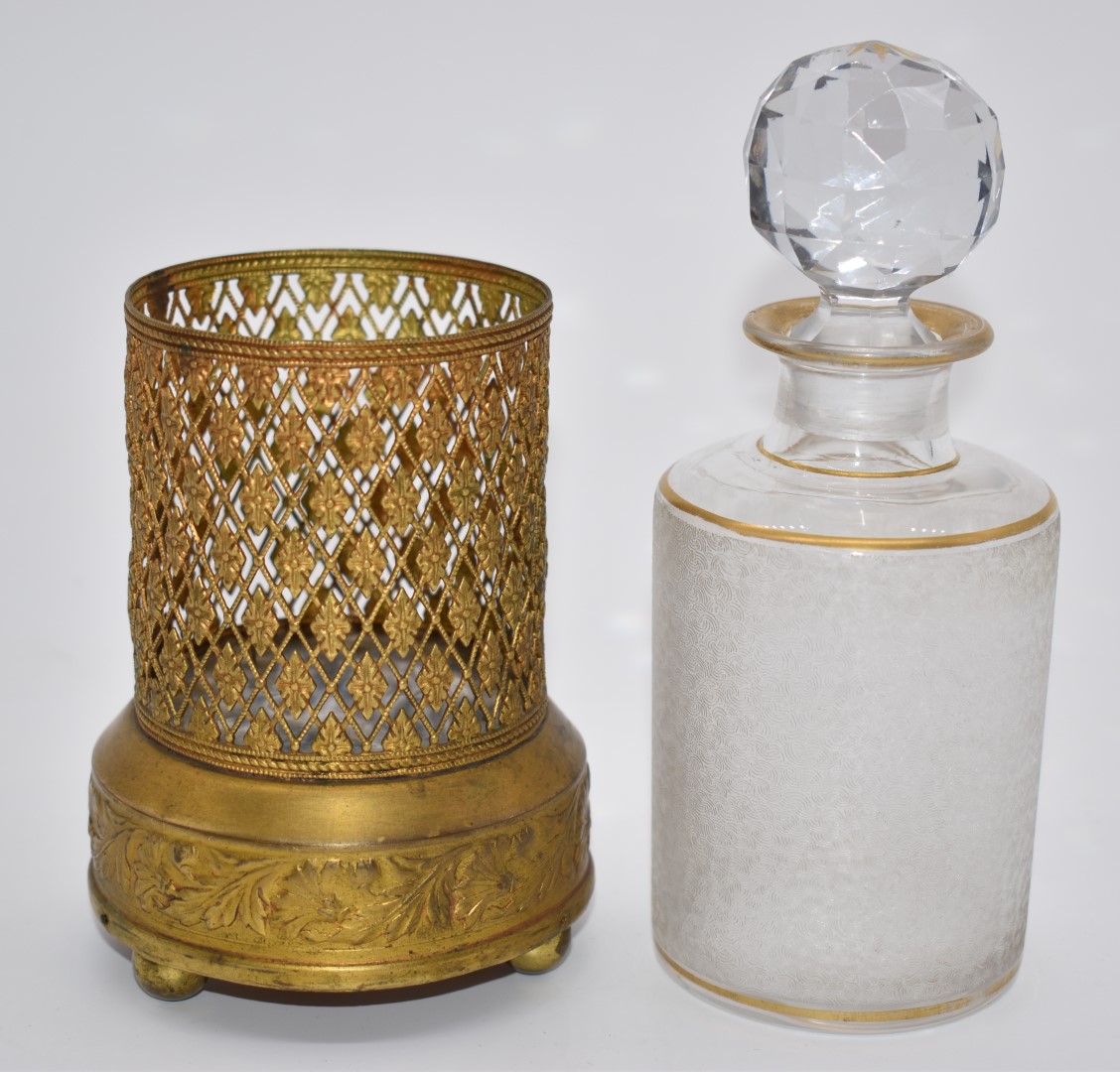 French gilt metal musical box scent bottle holder with embossed decoration, cut glass stopper and - Image 2 of 3