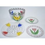 Ulrica Hydman Vallien for Kosta Boda glass bowl and three dishes all decorated with flowers,