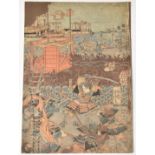 After Yoshitora Japanese woodblock print 'Kajiwara Kagesu at the battle of Suruga AD 1200', 35 x
