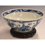 Chinese 19thC pedestal bowl decorated with prunus blossoms, with stand, H12 x diameter 28cm