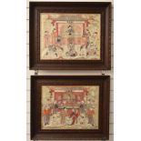 Pair of Chinese embroideries featuring figural scenes, both in carved wooden frames, each 38 x 49cm