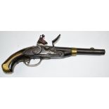 Danish military flintlock Dragoon type holster pistol with brass trigger guard and mounts,