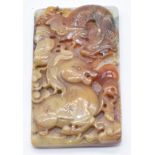 Chinese carved jade / hardstone double sided plaque / pendant decorated with fish, birds and dragon,