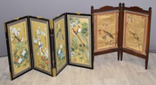 Two Chinese table screens, one four fold with watercolours of birds, the other with hanging