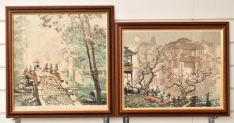Two Japanese limited edition (25/100 and 48/100) woodblock or similar prints, one a bridge over a