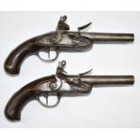 A pair of Queen Anne French flintlock pistols with bird head grips, steel trigger guards, butt