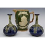 A pair of Royal Doulton pedestal vases and Copeland late Spode Queen Victoria commemorative jug,