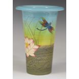Dennis Chinaworks signed limited edition no 21 flute vase decorated with dragonflies above