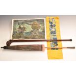 Chinese embroidery on silk (108 x 17cm) together with a signed woodblock, walking stick and parasol