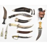 Six knives including kukri with 'made in India' to 30cm blade and sheath, bird's head pommel example