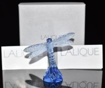 Lalique blue glass dragonfly paperweight, signed to base 'Lalique France', H9cm, in original box,