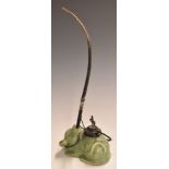 Chinese metal mounted crackle glaze ceramic opium pipe with embossed white metal stem, 32cm tall