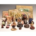 A collection of Chinese items including coral, soapstone, jadeite and lapis lazuli carvings,
