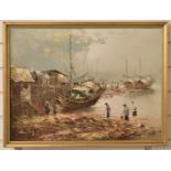 Eastern acrylic on canvas of a fishing or harbour scene, signed possibly Shien Tong bottom left,