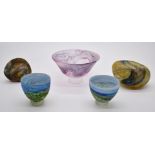 Studio glass items including a pair of Peter Layton pedestal bowls and two boulders, tallest 10cm