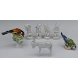 Continental porcelain including two Meissen birds, Meissen donkey, Bing & Grondahl figures,