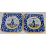 A pair of Quimper faience wall plaques with figural decoration and HB monogram verso, 21.5 x 21.5cm