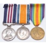 Royal Artillery WW1 Military Medal group of three comprising Military Medal, War Medal and Victory