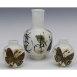 Copenhagen faience vases decorated with fish and butterflies, tallest 18cm