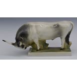 Zsolnay Pecs bull with incised signature to base, W32 x H17cm