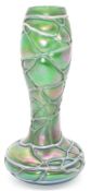 Loetz style iridescent green glass vase with trailed decoration, H24cm