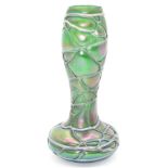 Loetz style iridescent green glass vase with trailed decoration, H24cm