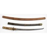 Japanese Wakizashi Samurai sword signed Kuniyuki with hammered and embossed copper kashira and