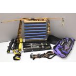 Longbow, multiple sets of arrows in hard cases, fletching and archery related accessories etc