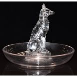 Lalique Chien pin dish featuring an Art Deco style seated German Shepherd or similar dog to the