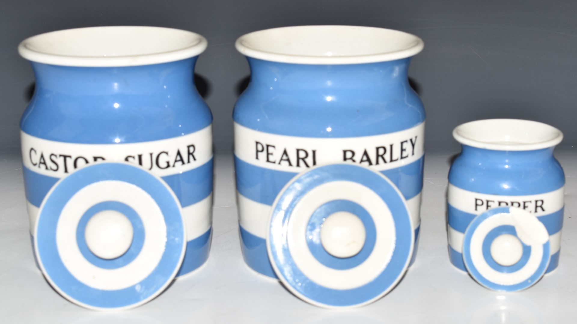 Three TG Green storage jars comprising Pearl Barley, Castor Sugar and Pepper, tallest 14.5cm - Image 2 of 3