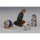Royal Crown Derby Imari paperweights and a Royal Doulton character figure The Poacher, tallest 16cm
