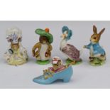 Five Beswick Beatrix Potter figures including four with BP2 gold oval backstamps