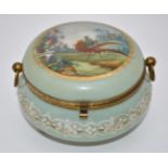 Opaline glass casket with hinged lid and brass mounts with birds of paradise decoration, H12 x
