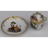 Meissen covered chocolate cup, cover and saucer decorated with Watteau scenes, H9.5cm