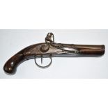 Unnamed flintlock blunderbuss pistol with heavily engraved lock and 7 inch cannon barrel, overall