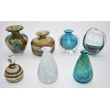 Seven Mdina glass vases, baskets and paperweights, all signed some with artist's initials, some with