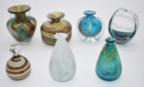 Seven Mdina glass vases, baskets and paperweights, all signed some with artist's initials, some with