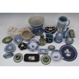 Collection of Wedgwood Jasperware including flared vase, Queens Ware jug, Parian figure etc, tallest