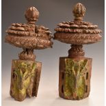 Pair of Eastern carved hard wood capitols, finials or temple pieces with leaf decoration, 51cm tall.