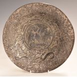 Chinese 19thC/early 20thC pewter bowl with relief decoration of birds, dragons and foliage, 21.5cm