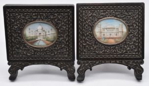 A pair of Indian miniature watercolours of the Taj Mahal in easel backed cased hardwood frames, 4