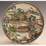 Chinese bowl decorated with court or temple scenes, with seal mark to base, 26.5cm in diameter
