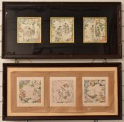 Six Chinese watercolours on silk, scenes includes spinning, fishing, weaving and tapestry, framed in
