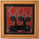 Tanzanian Tinga Tinga acrylic on canvas of three antelope, signed Mwamedi Chiwaya, 44 x 45cm